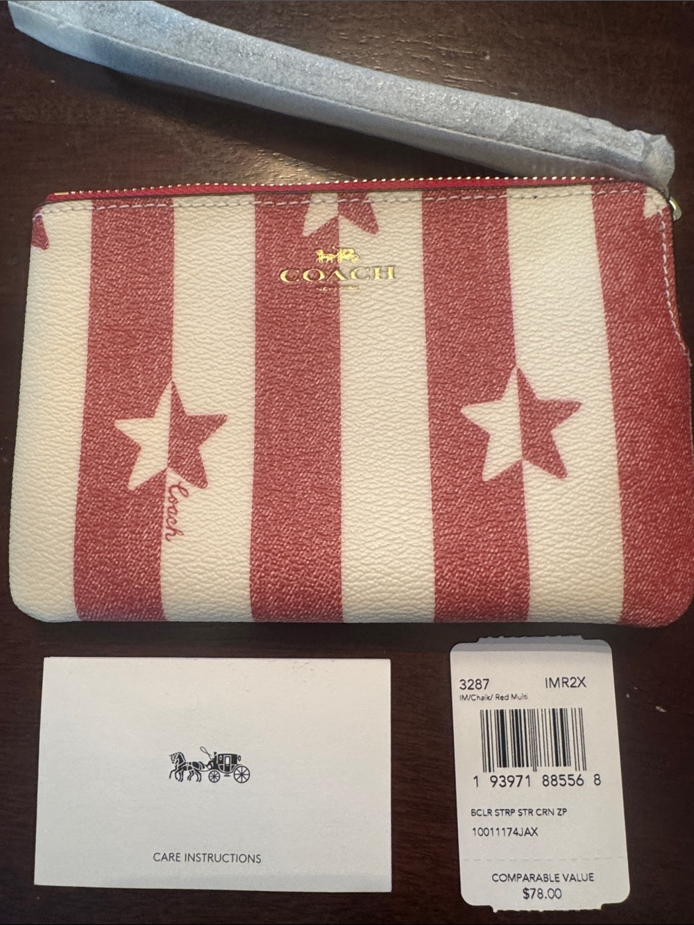 Coach Red & Cream Star-Stripe Wristlet with Brown Strap - Picture 3 of 6